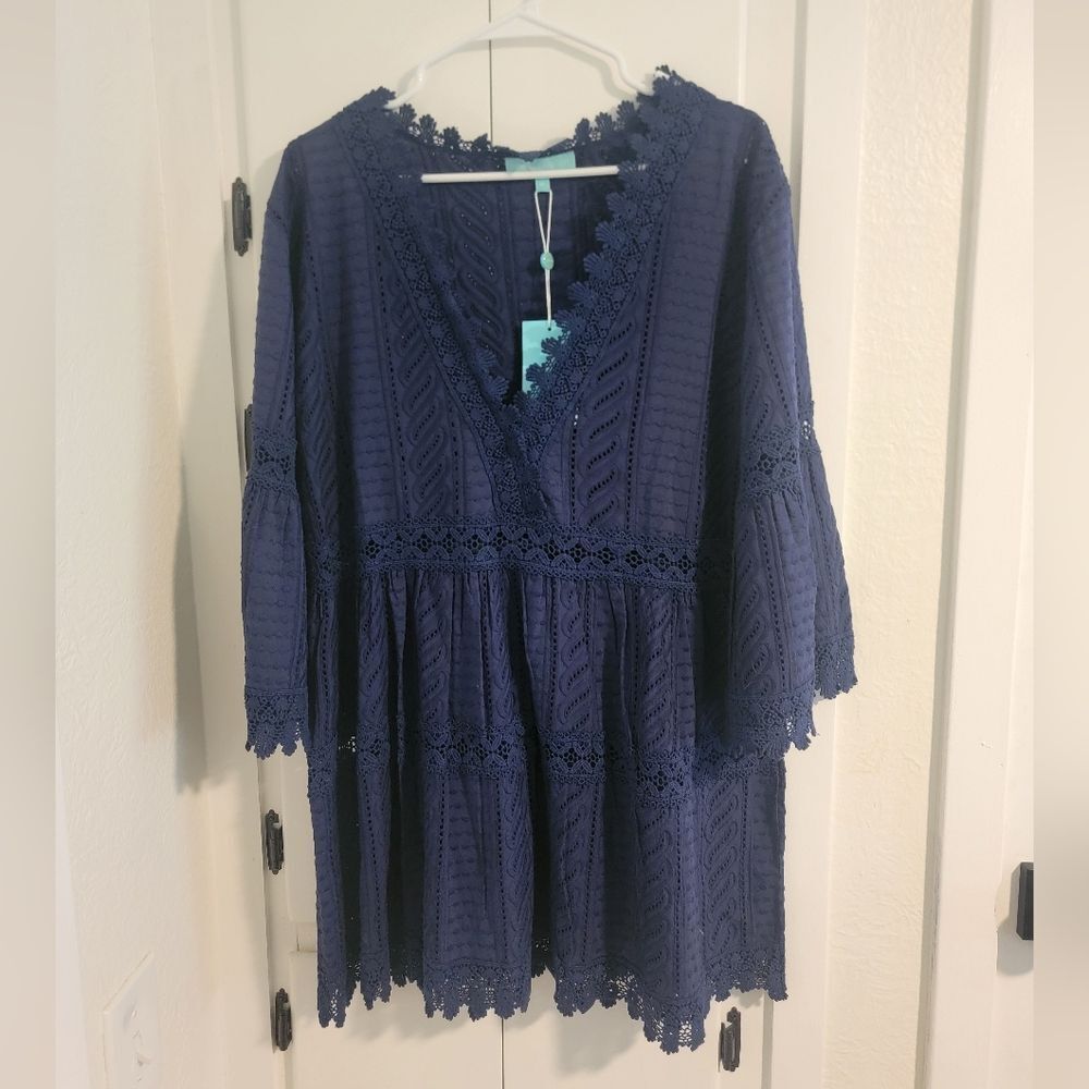 Melissa Odabash Victoria Classic Embroidered Crochet Cover Up Navy Blue